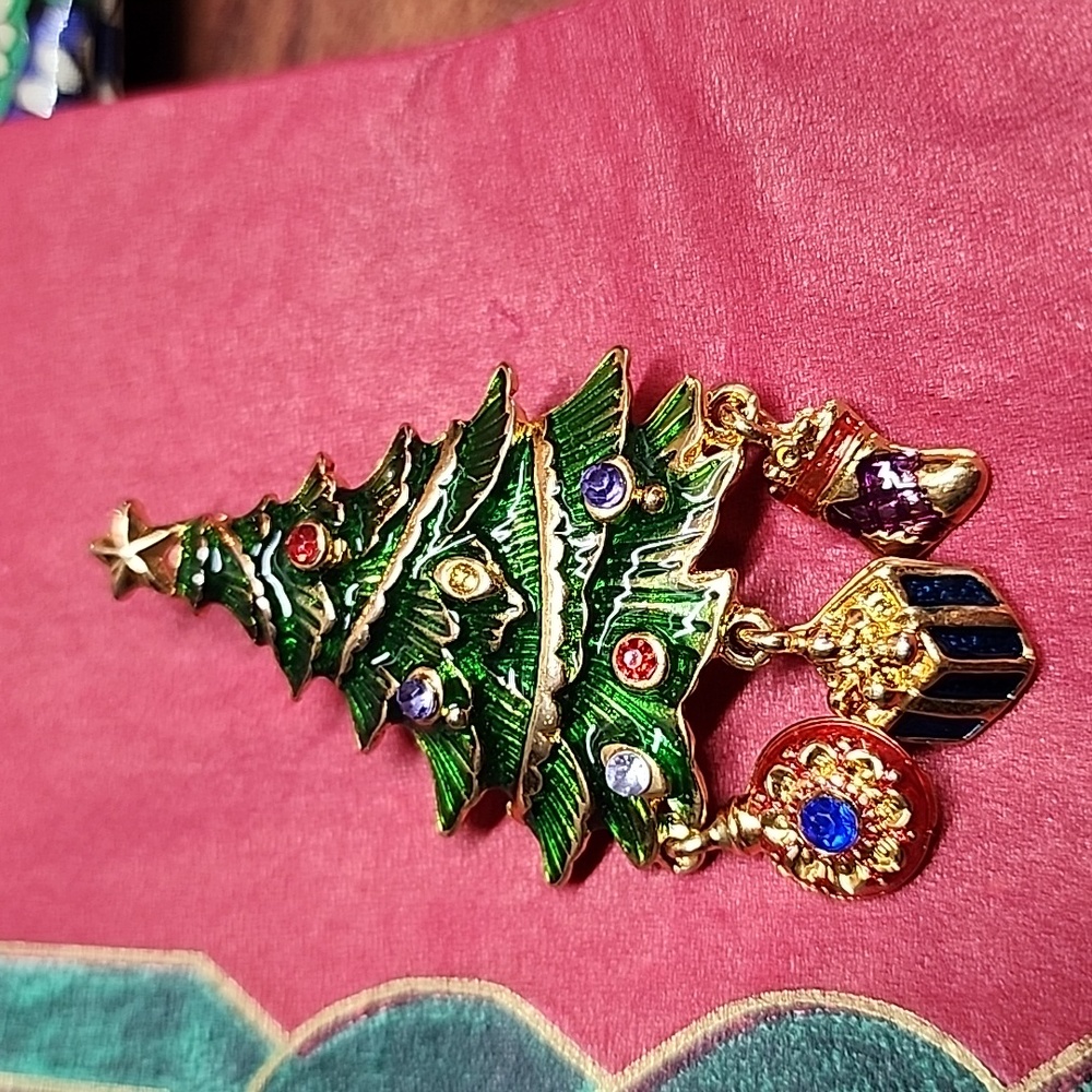 Vintage Christopher Radko Rhinestone Christmas Tree 3 Dangle Brooch